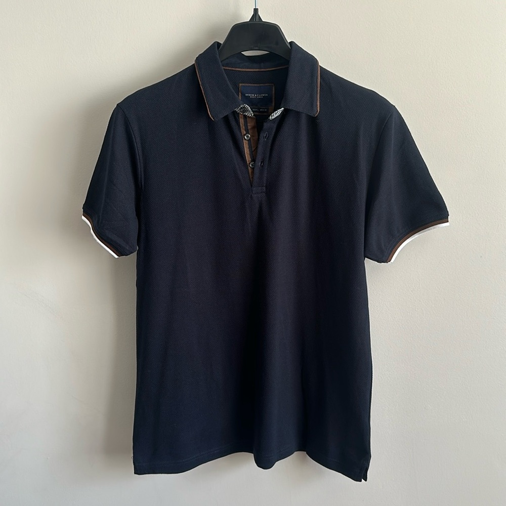 Denim & Flower Ricky Sing Navy Blue Short Sleeve Plaid Details Polo Shirt